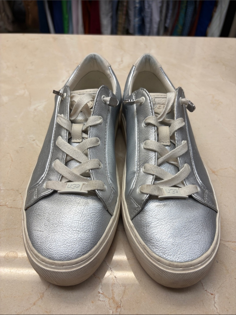 UGG Women’s Silver Metallic Leather Sneakers with Cream Laces